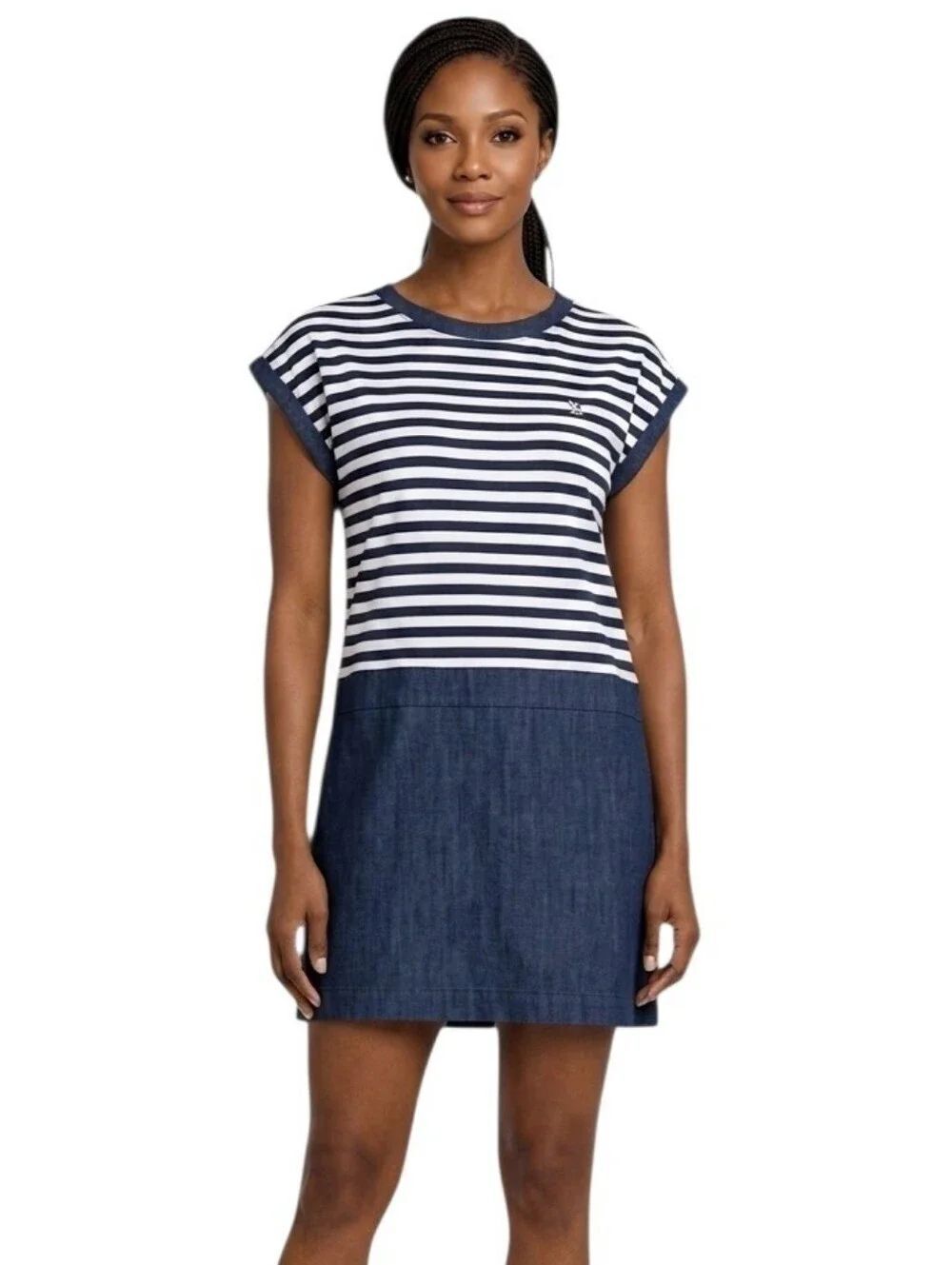 Nautica Jeans Navy Blue & White Colorblocked Striped Dress Size M